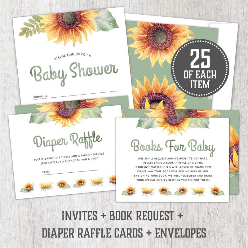 Hat Acrobat Set of 25 Sunflower Baby Shower Invitations for Girl - Baby Girl Shower Invitations with Envelopes, Diaper Raffle Tickets & Book Request Cards - Sunflower Theme Baby Shower Invitations Girl 25 Count - Image 5